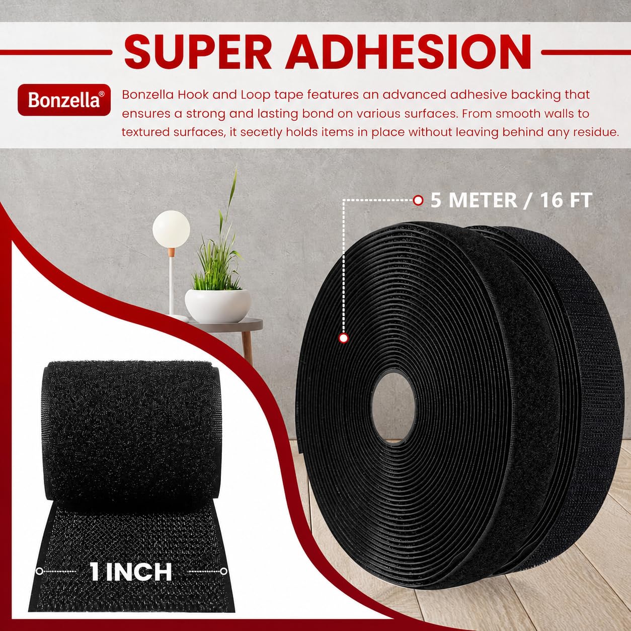 BONZELLA Self Adhesive Hook and Loop Tape, Mosquito Net Mounting Tape for Office Use, Photo Frames, Multipurpose Double Sided Adhesive Hook Loop Tape for Crafting & Wall Hanging Black (5m X 25mm) — Amazon image 2