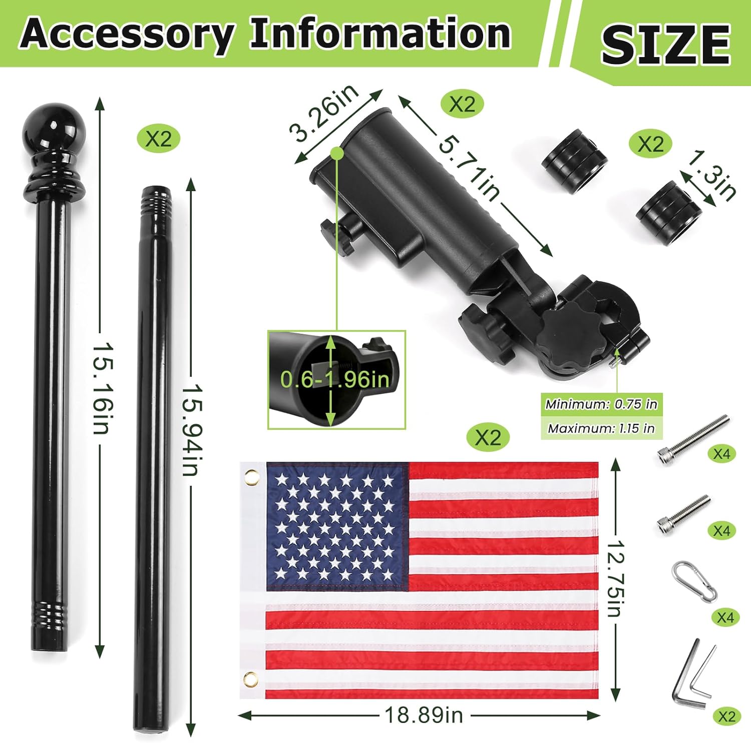 Golf Cart Flag Holder for Club Car Precedent DS Tempo Onward EZGO TXT RXV Yamaha Flag Pole Mount Kit Set with USA Flags (12 x 18 Inch) Golf Cart Accessories