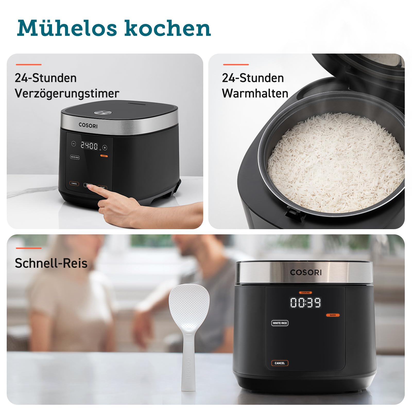 COSORI Reiskocher, Keramikbeschichtung, Rice Cooker 5 L, Multikocher mit 17 Programme, Fuzzy-Logik, Dampfgarer mit Edestahleinsatz, Warmhaltefunktion, Timer, Schwarz