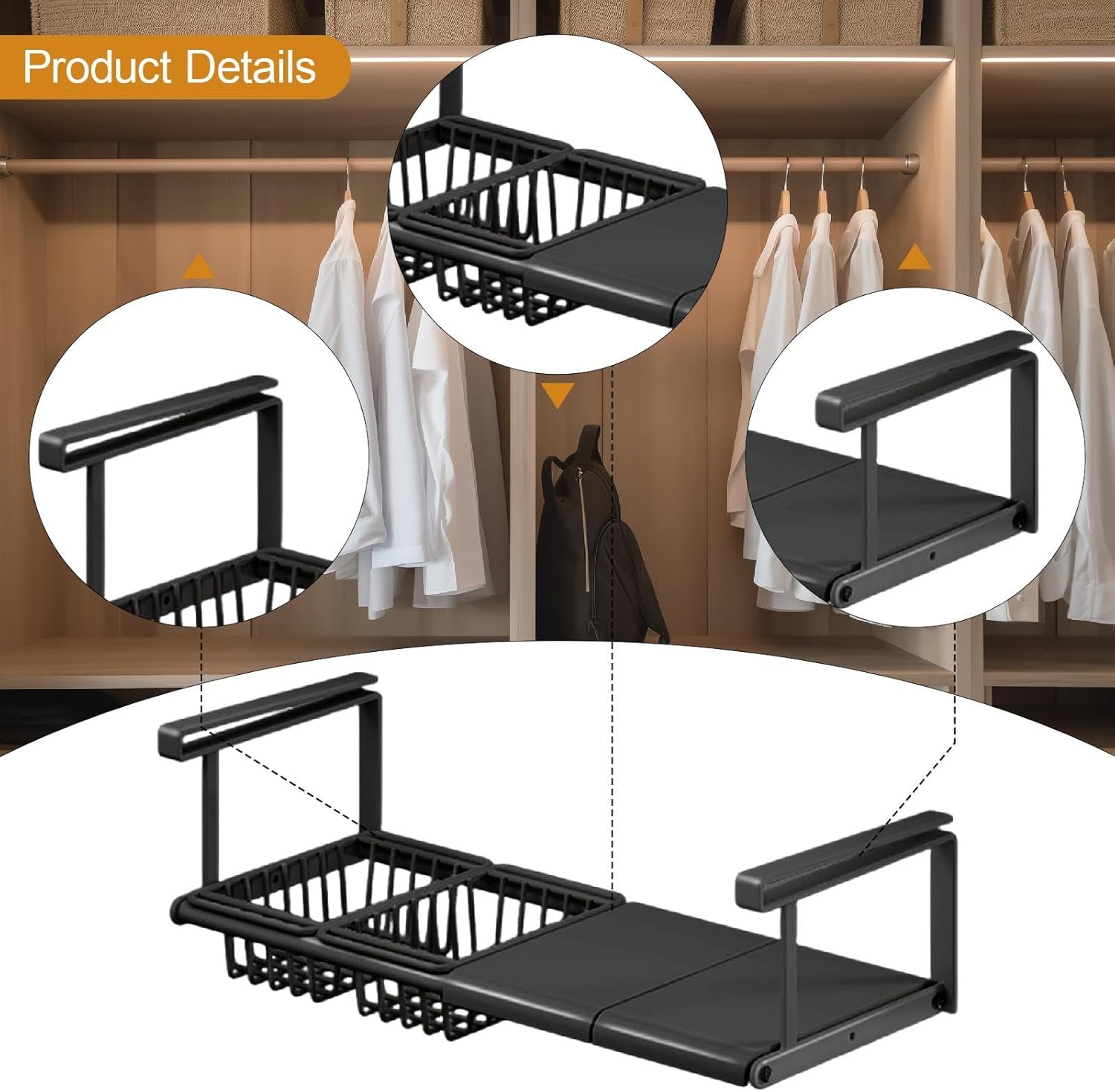 Under Cabinet Shelf Basket Organization, Portable Convenient Hanging Basket Clothes Closet Organizer for Home Closet, Black