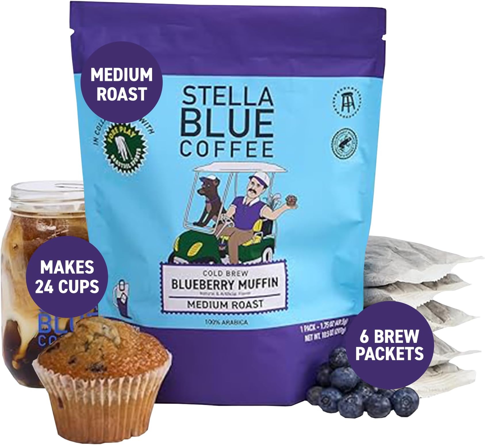 Cold Brew Coffee Packets, Blueberry Muffin, Medium Roast Ground Coffee, Blueberry, Warm Cinnamon and Brown Sugar Notes, 100% Arabica, 6 Brew Packets, Makes 24 Bold Cups