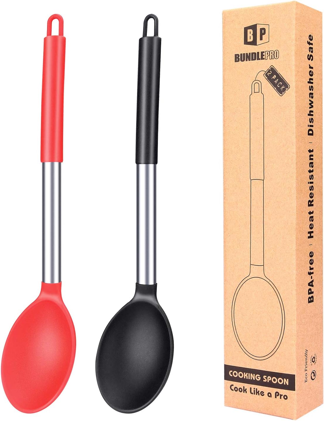 BUNDLEPRO Pack of 2 Large Silicone Cooking Spoon Non Stick Solid Basting Spoons Heat-Resistant Kitchen Utensils for Mixing Serving (Black-Red)