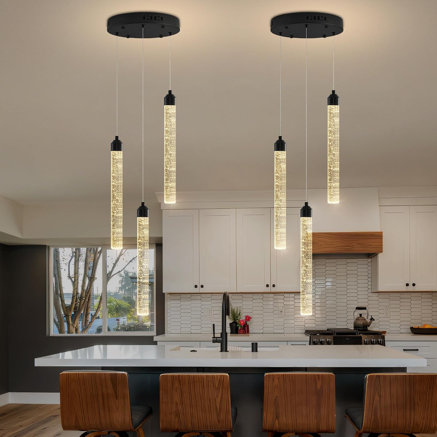 Crystal Kitchen Island Chandelier, Modern Black Spiral Dimmable LED Cluster Raindrop Foyer Chandelier Lighting, Bubble Dining Room Hanging Light Fixture 3 Light Remote Control