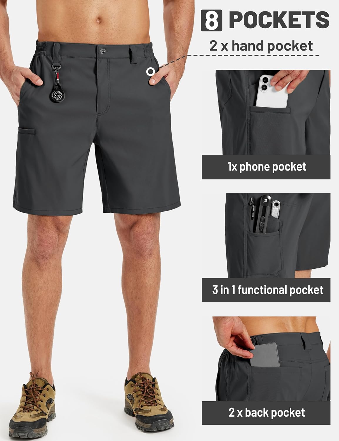 TACVASEN Men's Hiking Cargo Shorts Quick Dry Water-Resistant Lightweight Tactical Outdoor Work Shorts with 8 Pockets