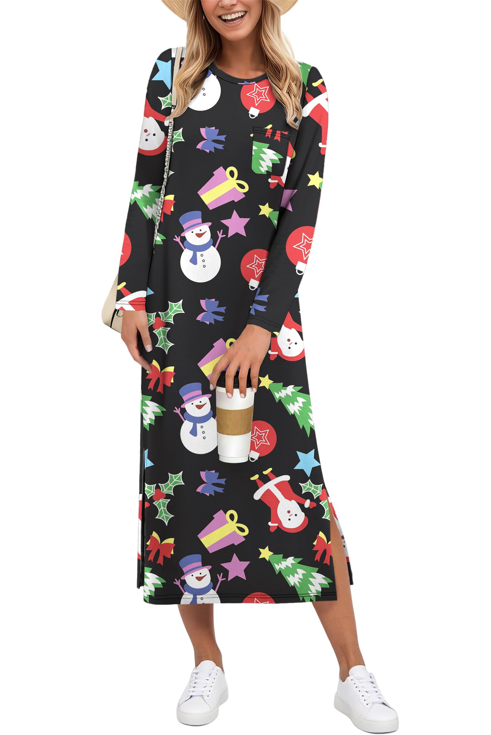 AUSELILY Christmas Dress Winter Dresses for Women UK Split Loose Long Sleeve Dress Casual Ladies Dresses Christmas Snowman XL