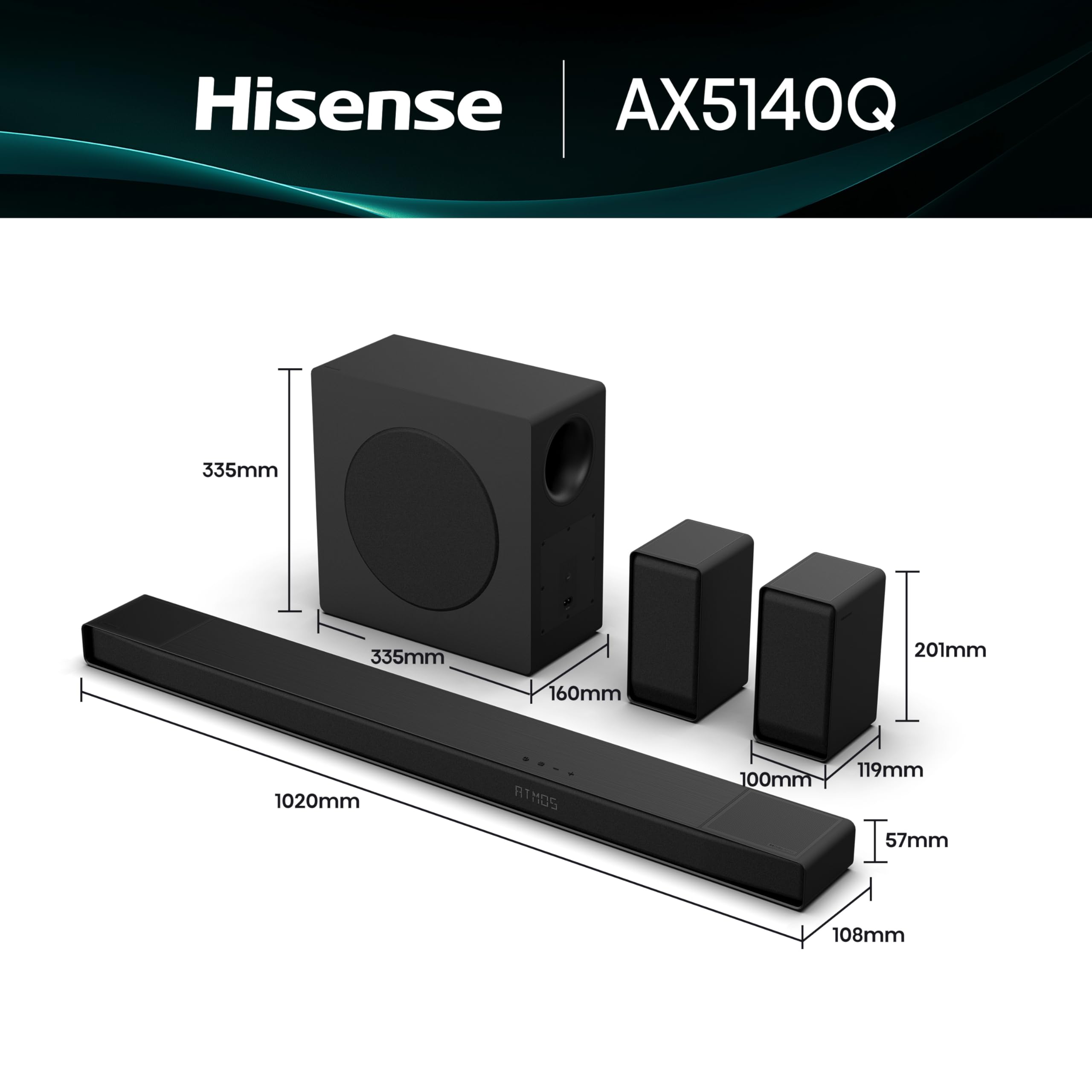 Hisense AX5140Q Soundbar5.1.4, 4 altoparlanti anteriori, Hi-Concerto, Dolby Atmos, DTS:X, Speakers posteriori True Wireless, Bluetooth, HDMI, USB, Ingresso Audio ottico