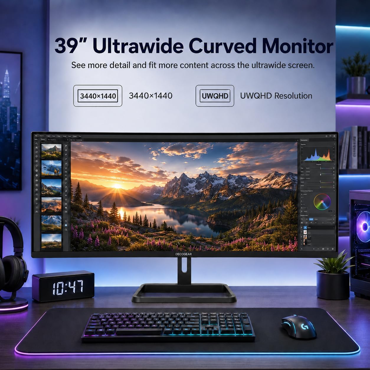 Deco Gear 34” Curved Gaming Monitor, 180Hz 3440×1440 Ultrawide UWQHD Screen for Laptop & PC, Adaptive Sync, R1500 VA Panel, HDR, 100% sRGB, Dual HDMI/DP, 21:9, VESA Mount, American Seller image 2