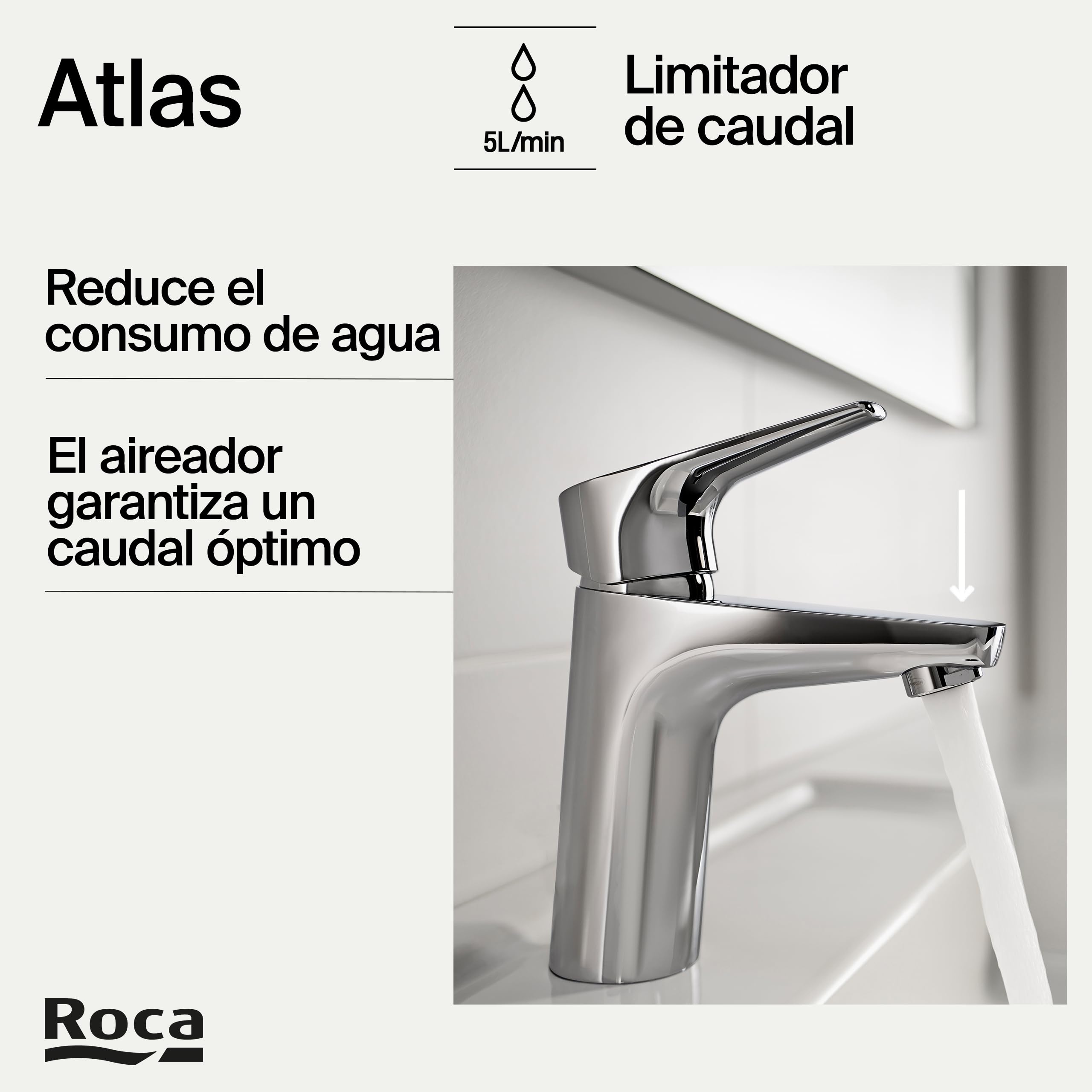 Roca Atlas Grifería para lavabo con tecnología Cold Start, grifo monomando de repisa con enlaces de alimentación flexibles, mezclador para cuarto de baño de fácil instalación, cromado, A5A3290C00