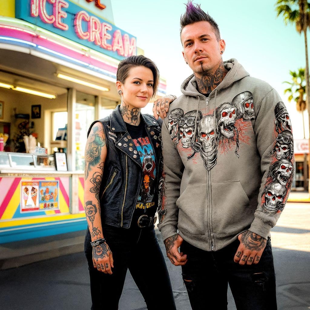 Hot Leathers Full Zip Sweatshirt with Red & White Skulls