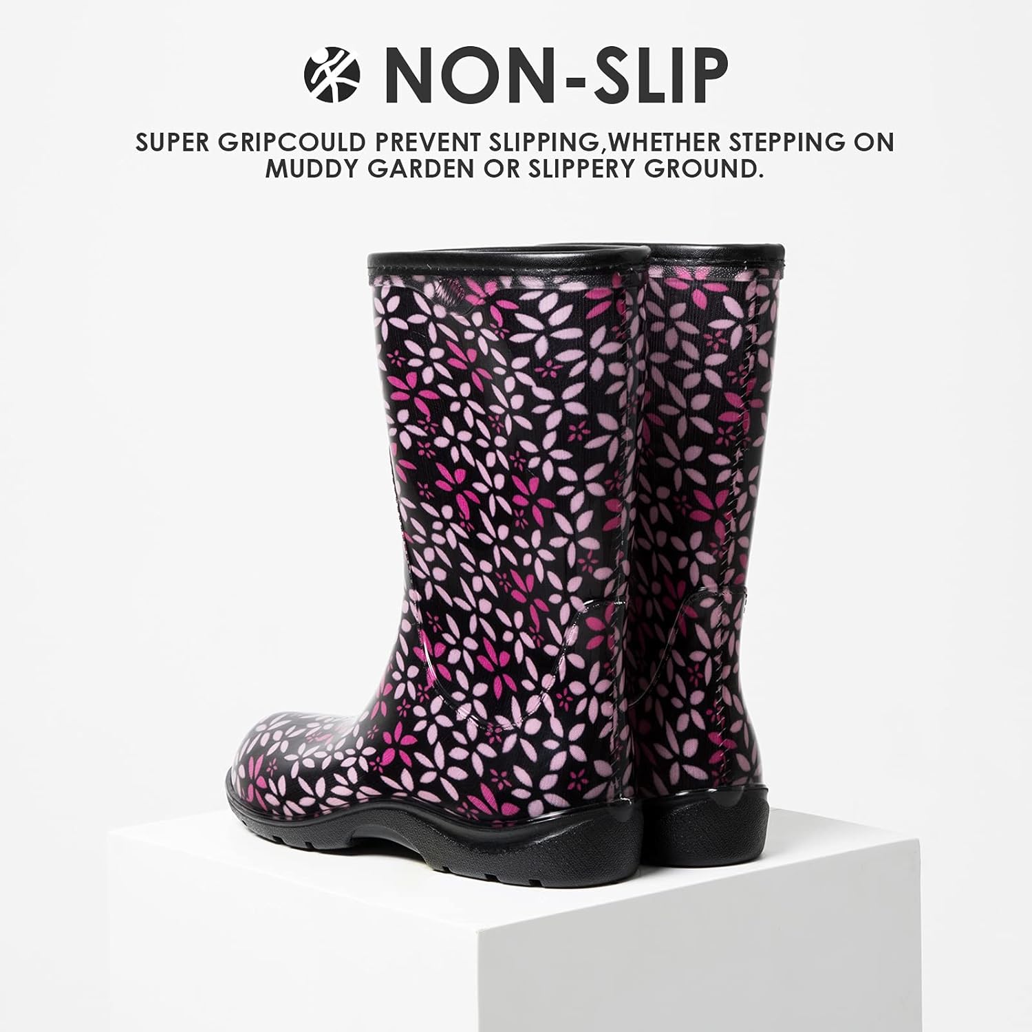 K KomForme Women's Waterproof Rain Boots with Colorful Printed，Ladies Mid Calf Solid Shoes with Comfort Insole for Garden