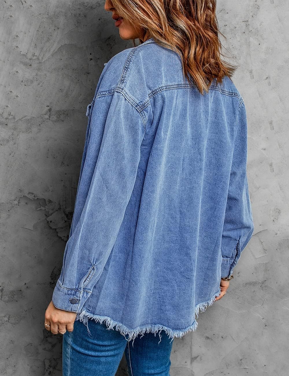 Vetinee Women’s Oversized Button Up Frayed Hem Shacket Long Sleeve Pockets Denim Jean Jacket - Image 3