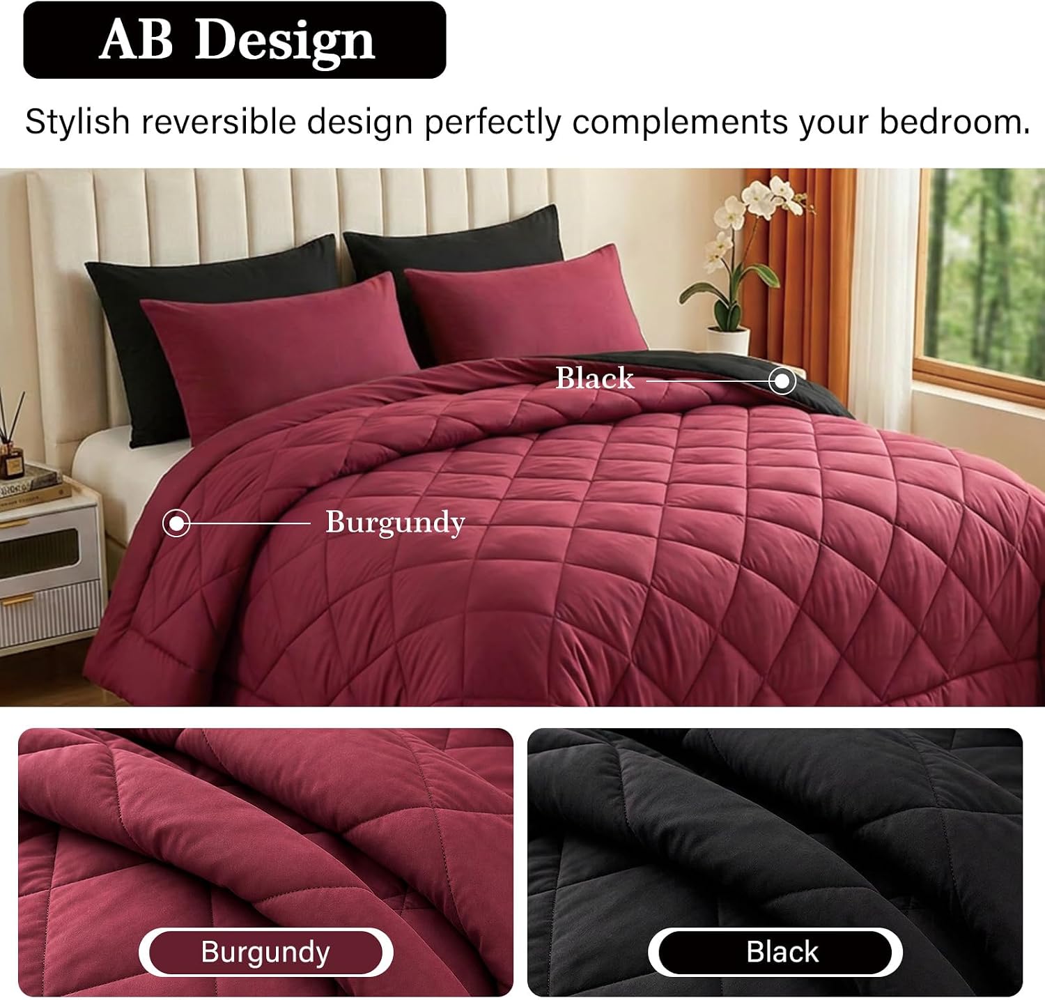 132x120 Alaskan King Comforter - Reversible Prewashed Oversized King Duvet Insert for All Seasons, Soft Lightweight Quilted Down Alternative Bedding with 8 Tabs, Burgundy&Black
