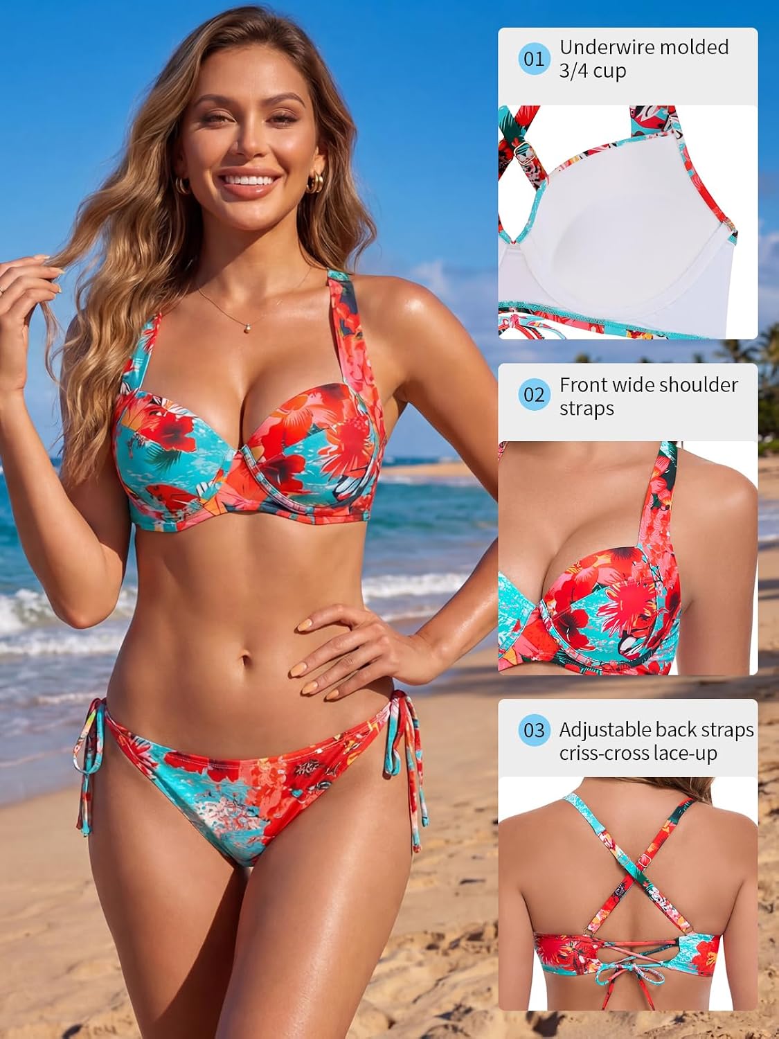 RELLECIGA Women's Underwire Push Up Bikini Top 3/4 Molded Cup Swimsuit Top Supportive Bathing Suit Tops