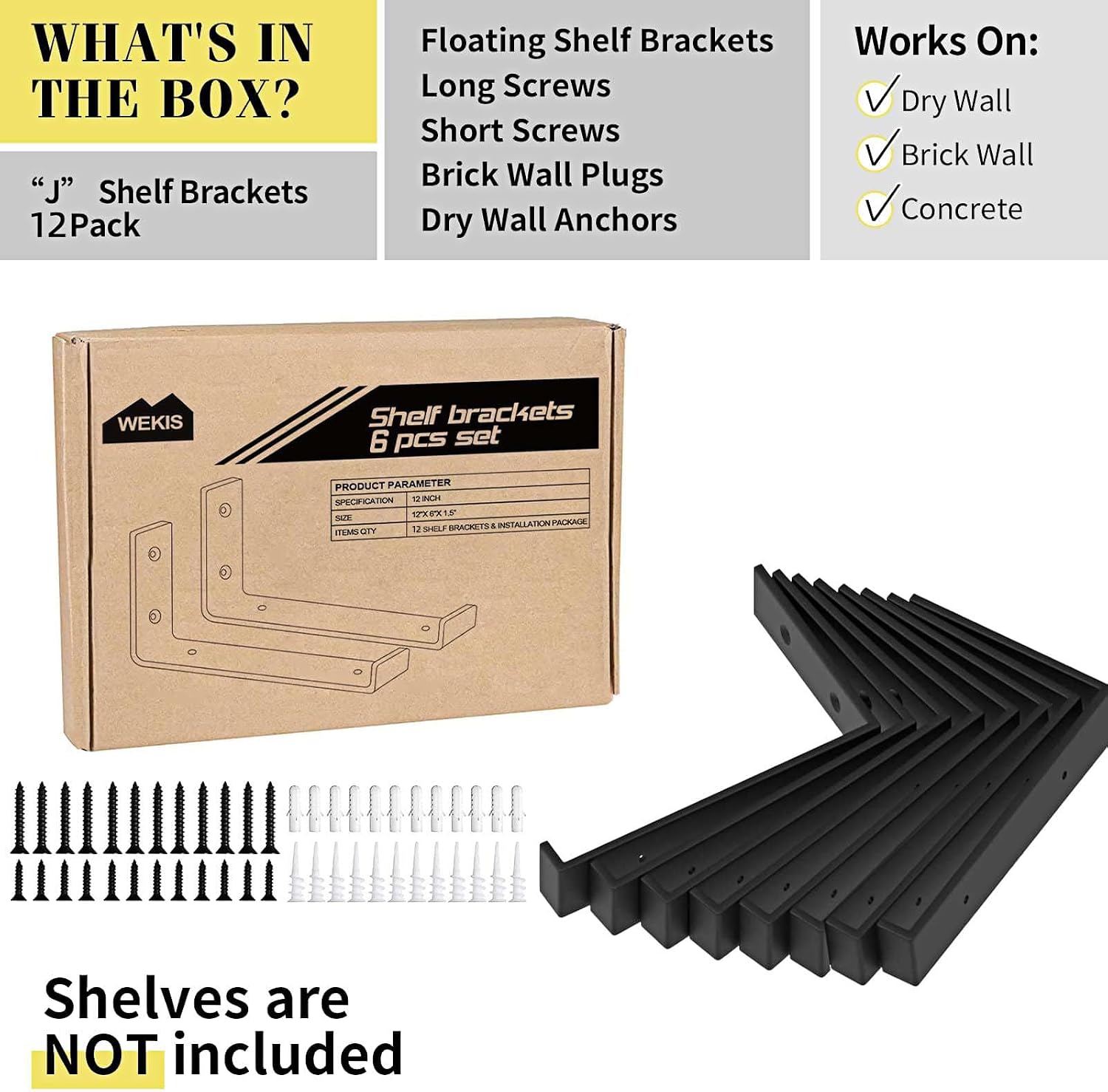 shelf brackets 12 inch, strong heavy duty floating shelf brackets pack of 12, industrial metal iron matte black shelving brackets 1/5 inch thick brackets for shelves 12 pcs 12 inch black 12pack