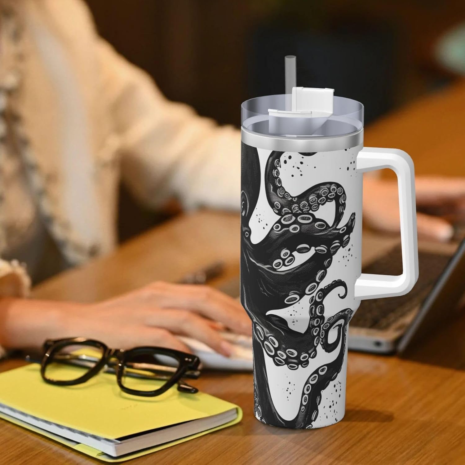 40 oz Stainless Steel Tumbler with Handle and Straw, Classic Black Octopus Car Cup Insulated Water Bottle Personalized Ice Bully Cup Hot/Cold Travel Coffee Mug Gifts, Cupholder Friendly - Image 7