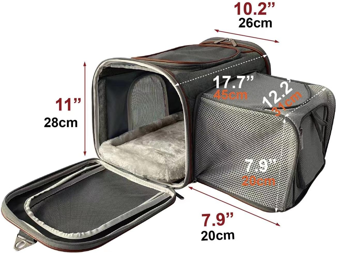 Mr. Peanut's Expandable Airline Approved Soft Sided Pet Carrier, Luxury Travel Tote with Premium Auto Self Locking Zippers, Plush Faux Fleece Bedding with Sturdy Plywood Base, 18LX10.5 (Twilight Gray)