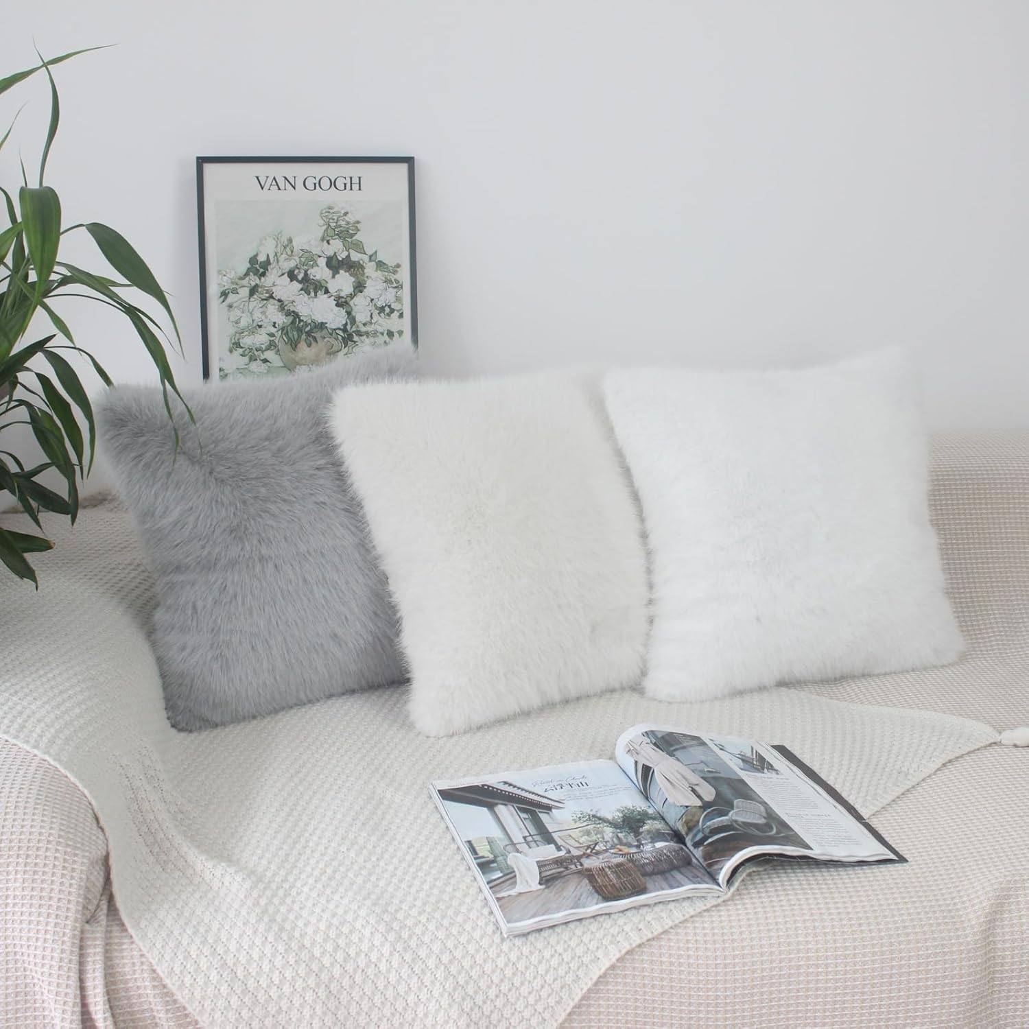 OYIMUA White Fluffy Throw Pillows Covers 20x20 Set of 2 Faux Fur Square Cushion Covers Decorative Pillows Cover Decor Pillow Cover Accent Neutral Couch Pillows for Living Room Bed