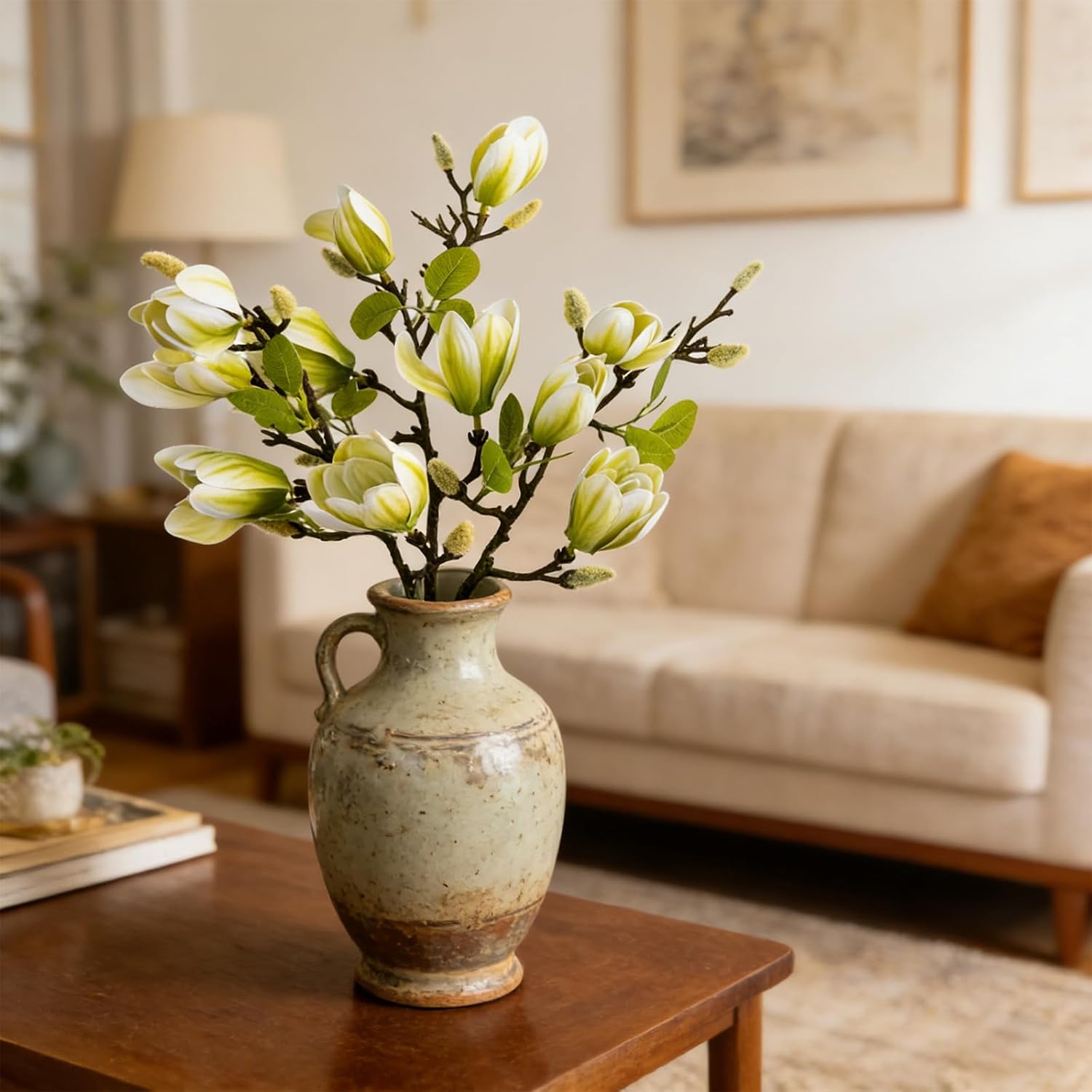 6 PCS 27inch Artificial Magnolia Flowers 3D Real Touch 24 Heads Faux Magnolia Flower buds Realistic Long Stem with lush Green Leaves for Home Wedding Table Office Floral Arrangement Decoration (Green)