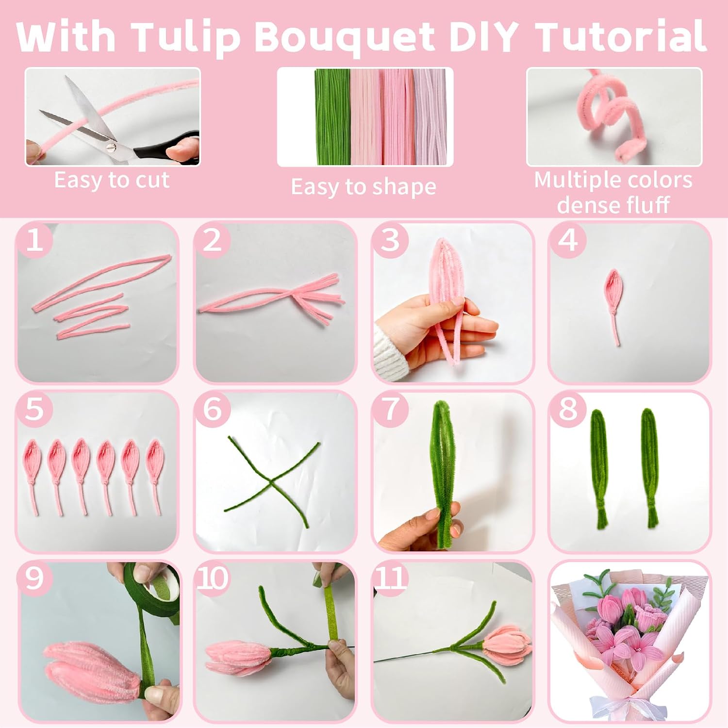 CllyCnny Pipe Cleaner Flower Craft Kit, 400 PCS Extra Thick 8mm Chenille Stems DIY Tulip Bouquet Making Set with Stamens, Floral Stems, Tape, Glue & Ribbon – Arts and Crafts Supplies, Graduation Gift
