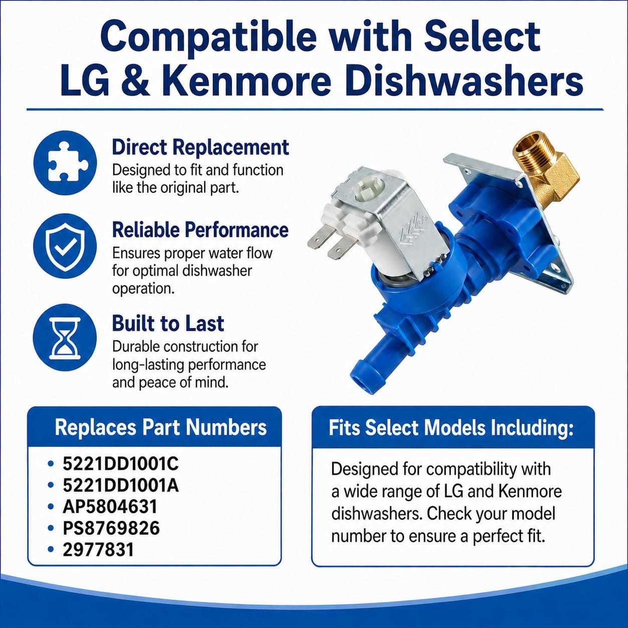 5221DD1001E Dishwasher Water Inlet Valve Assembly, Compatible with LG and Kenmore Dishwashers, Replaces 5221DD1001C 5221DD1001A AP5804631 2977831 PS8769826