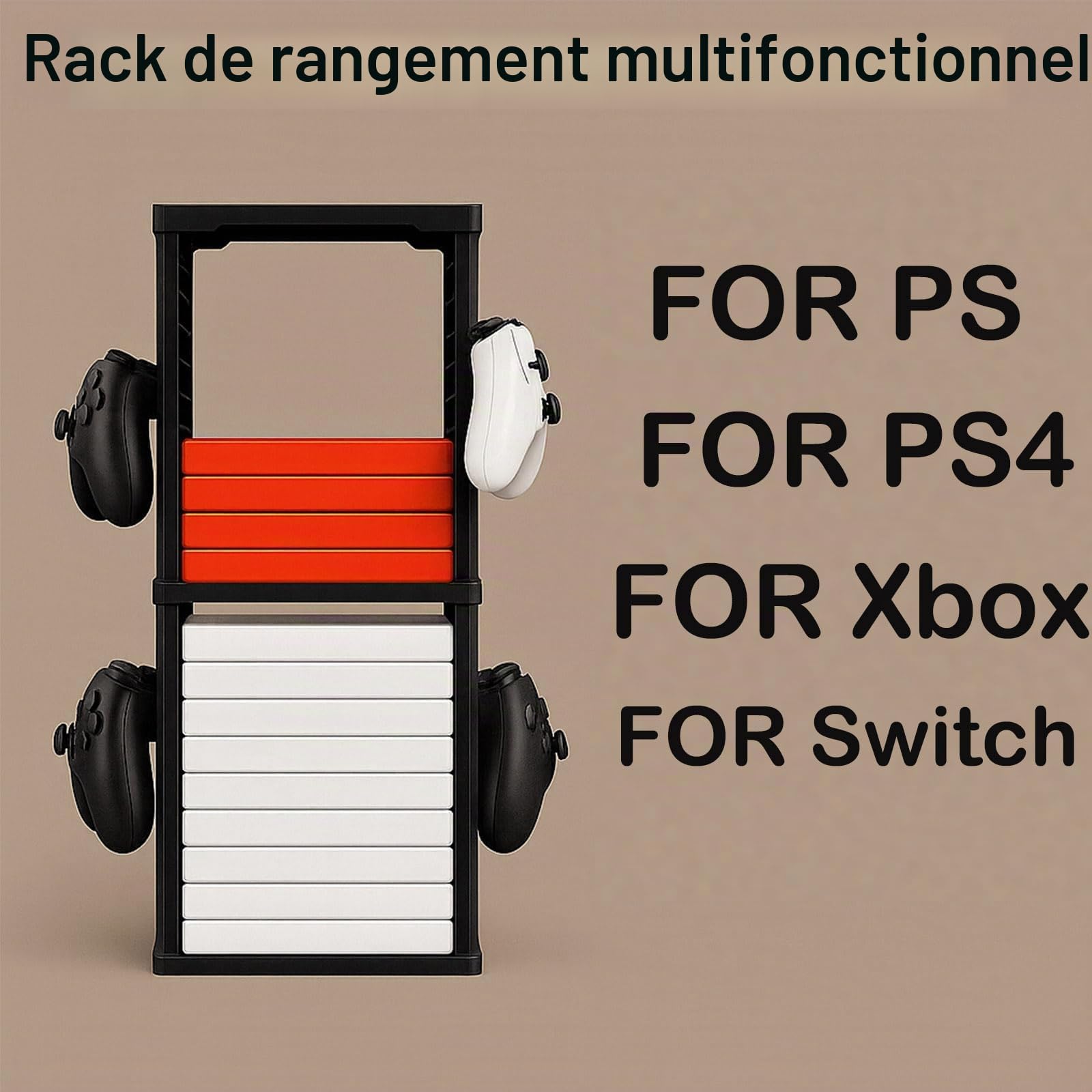 Tour de rangement de jeux pour PS5, PS4, Xbox Series X/S, Xbox One, Switch et disques Blu-Ray – Support de rangement pour 24 disques avec crochets pour manette et casque, vertical à double