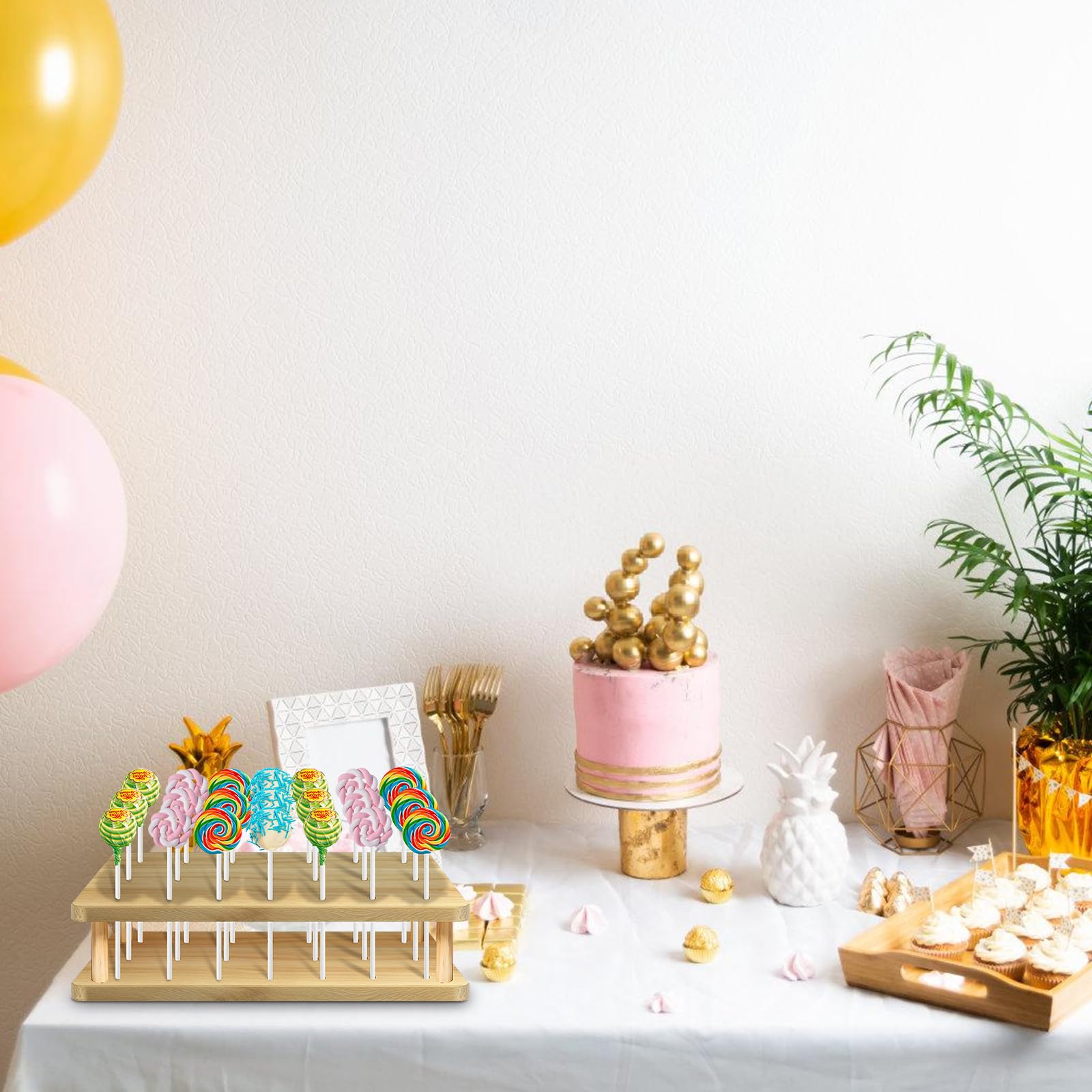 Soporte para Cake Pop: Madera Soporte de Piruletas de 21 Agujeros con 100 Palitos de Papel Blanco, Soporte para Piruletas para Bodas, Fiestas de Cumpleaños, Baby Showers, Aniversarios