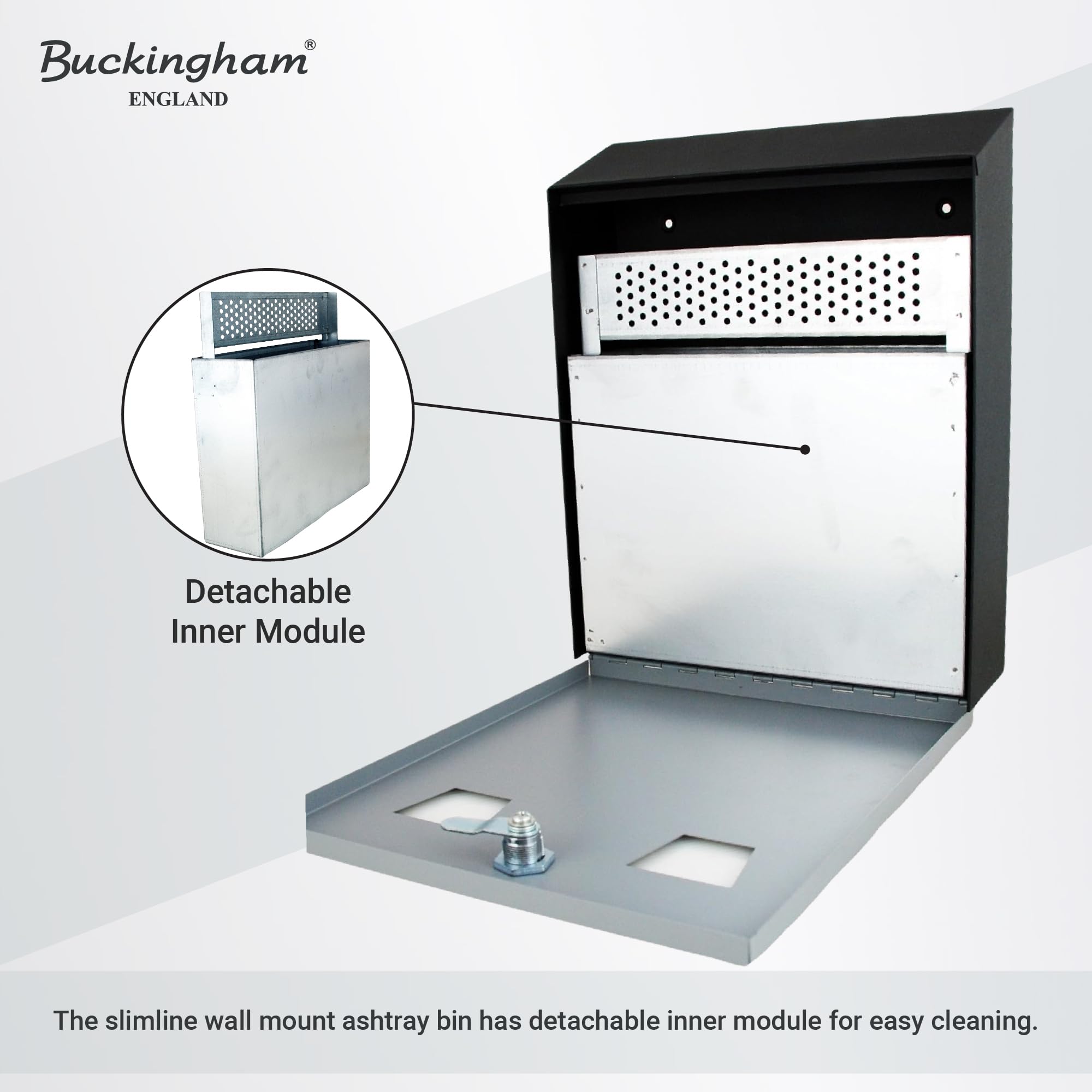 Buckingham – Montado en la Pared al Aire Libre Papelera de Cigarrillo, Acero, Gris/Negro, 26 x 8,2 x 32 cm