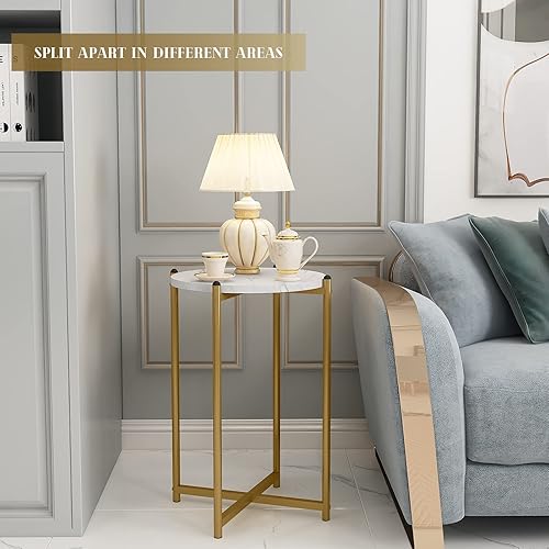 Miniatura 8 de Lamerge Juego de 3 mesas auxiliares modernas tapas de mármol sintético con marco dorado 1 mesa auxiliar y 2 mesas decorativas juego de mesa de sala