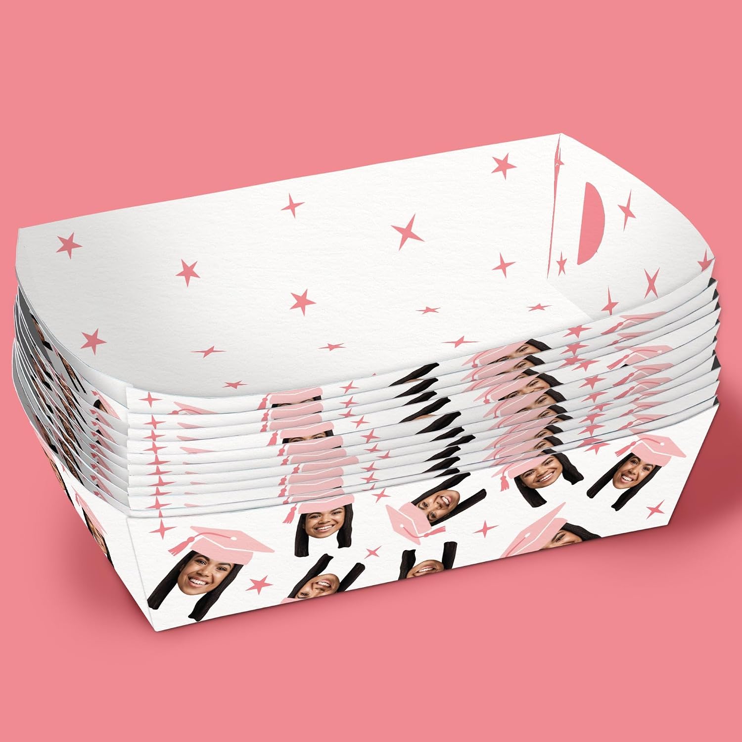 Big Dot of Happiness Custom Photo Pink Graduation Paper Food Trays, Disposable Food Boats, Personalized Face Cutout Party Decor, Double-Sided Meal Holders for Nachos, Hot Dogs, Popcorn - 12 Ct