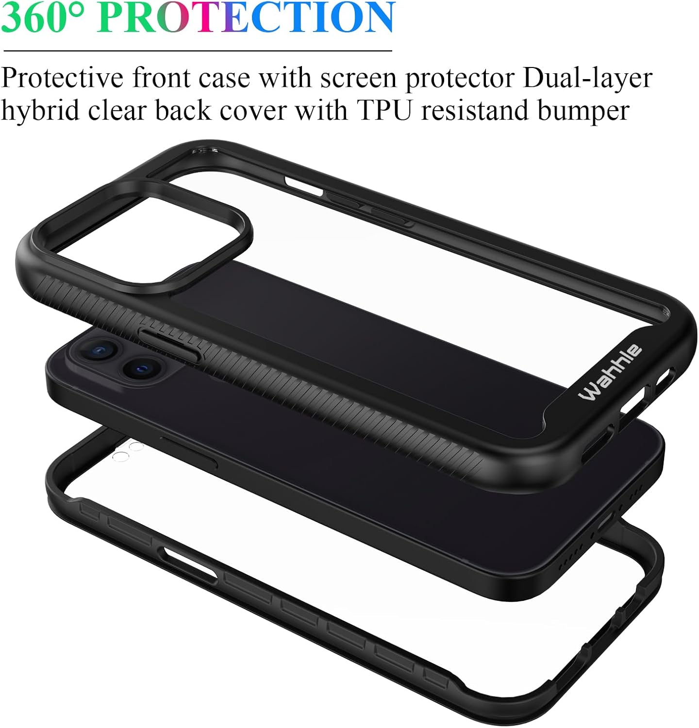 wahhle Compatible with iPhone 12/12 Pro Case, Built in Screen Protector Full Body Shockproof Slim Fit Bumper Protective Phone Cover 6.1'' Men Women-Black/Clear - Image 3
