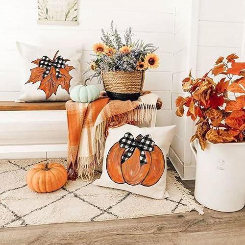 Miniatura 2 de Fundas de almohada de otoño de 18 x 18 pulgadas, juego de 4 fundas de almohada de calabaza y hojas de arce con texto en inglés "Hello Pumpkin Happy