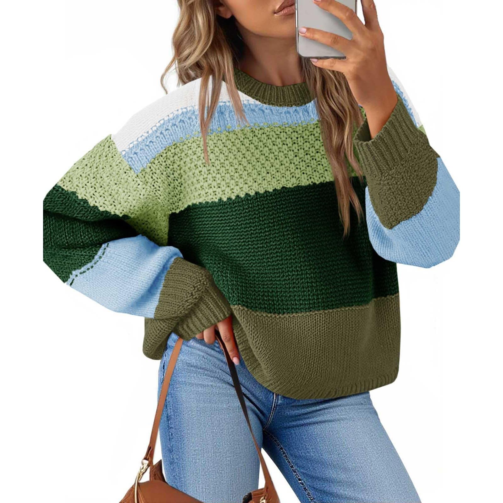 Womens Cropped Sweater Color Block Textutred Crewneck Long Sleeve Pullover Loose Fit Lightweight Going Out Sweatshirt