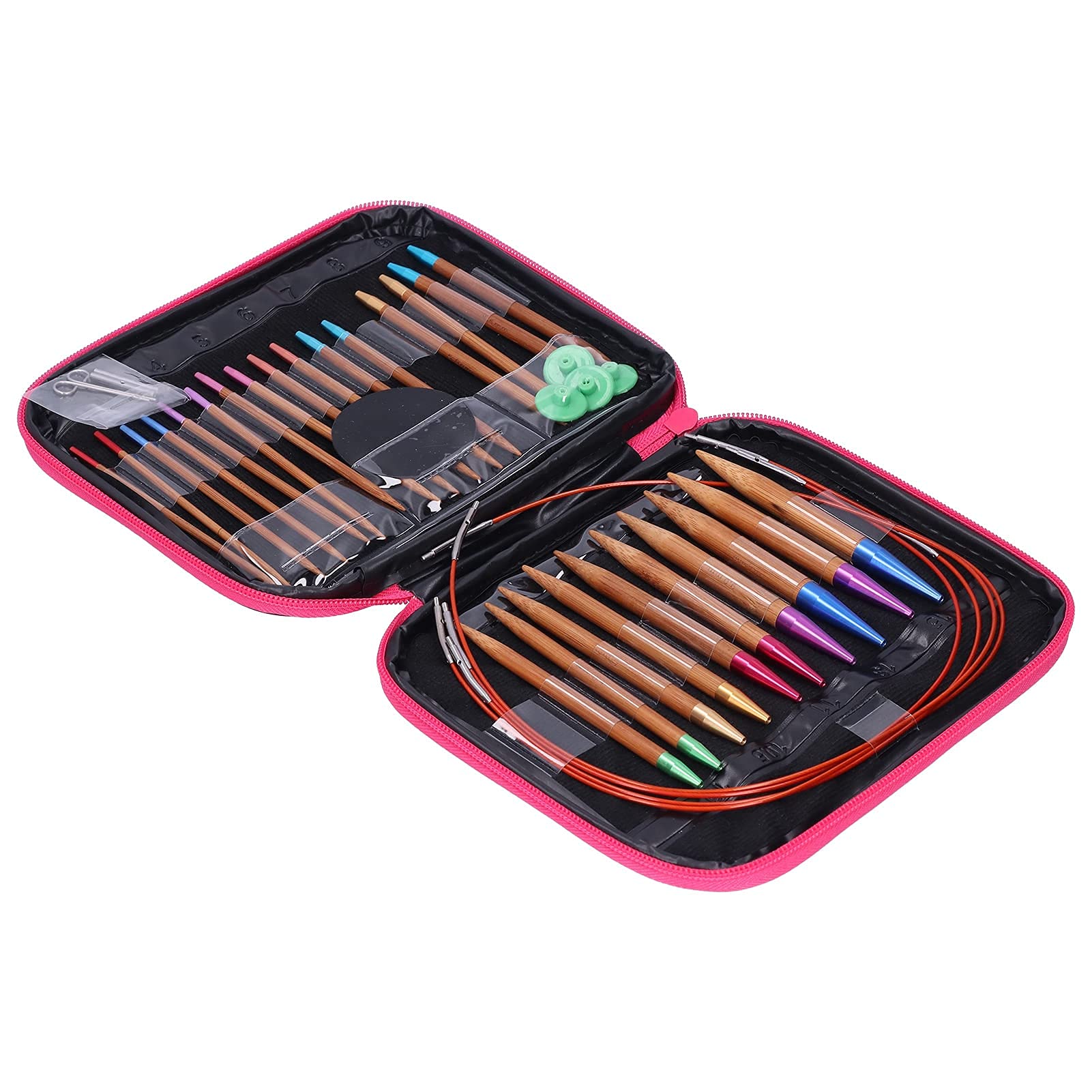 Juego de agujas circulares de tejer de bambú carbonizado, agujas intercambiables de doble punta con puntas de aluminio, tamaños codificados por colores de 2,75 mm a 10 mm para