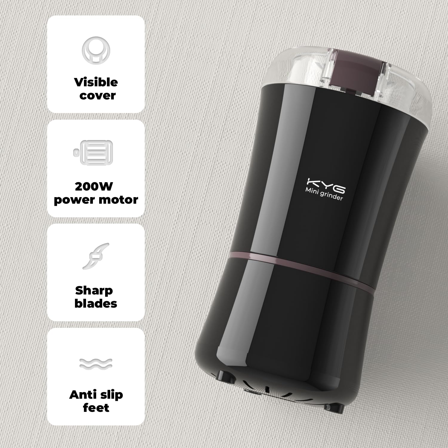 KYG Macinacaffè Elettrico 200W 50g con Lame in Acciaio Inox Macinino Inossidabile 304 Coffee Grinder per Chicchi di caffè Macina Spezie Semi Pepe Zucchero Sale