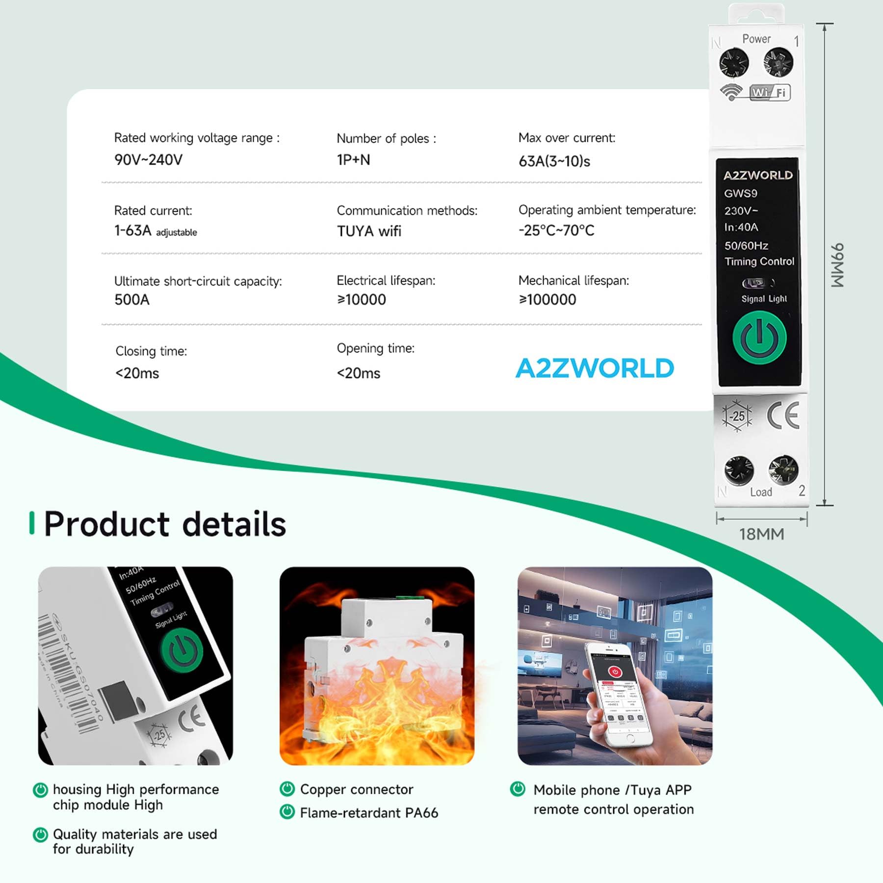 Interruttore WiFi Modulare 40A 220V, 1 Modulo DIN Slim, App Tuya Smart Life, Controllo da Remoto e Timer Programmabile, Memoria di Stato e Funzione Temporizzatore