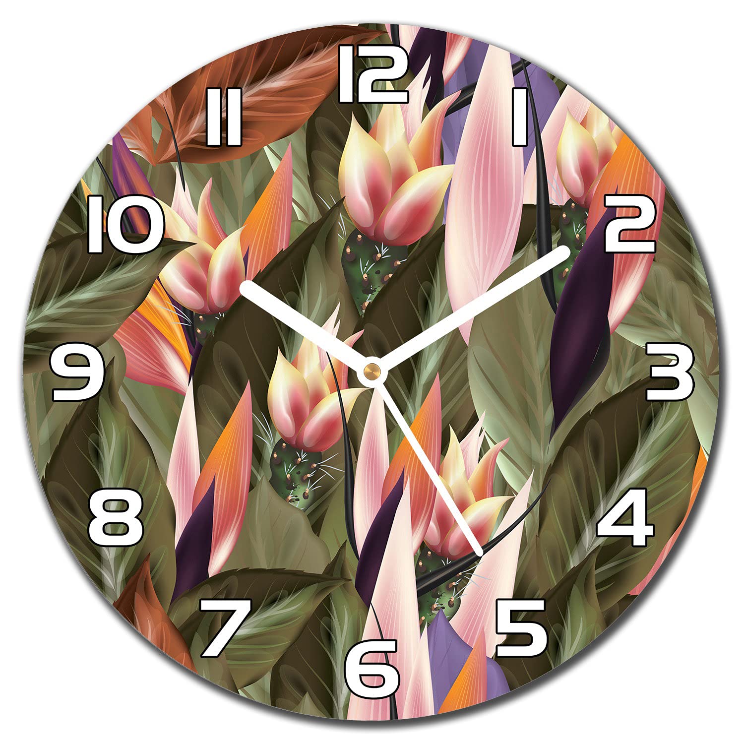 Horloge en verre moderne cuisine salon Coloray aiguilles blanches 30 cm motif arbustes