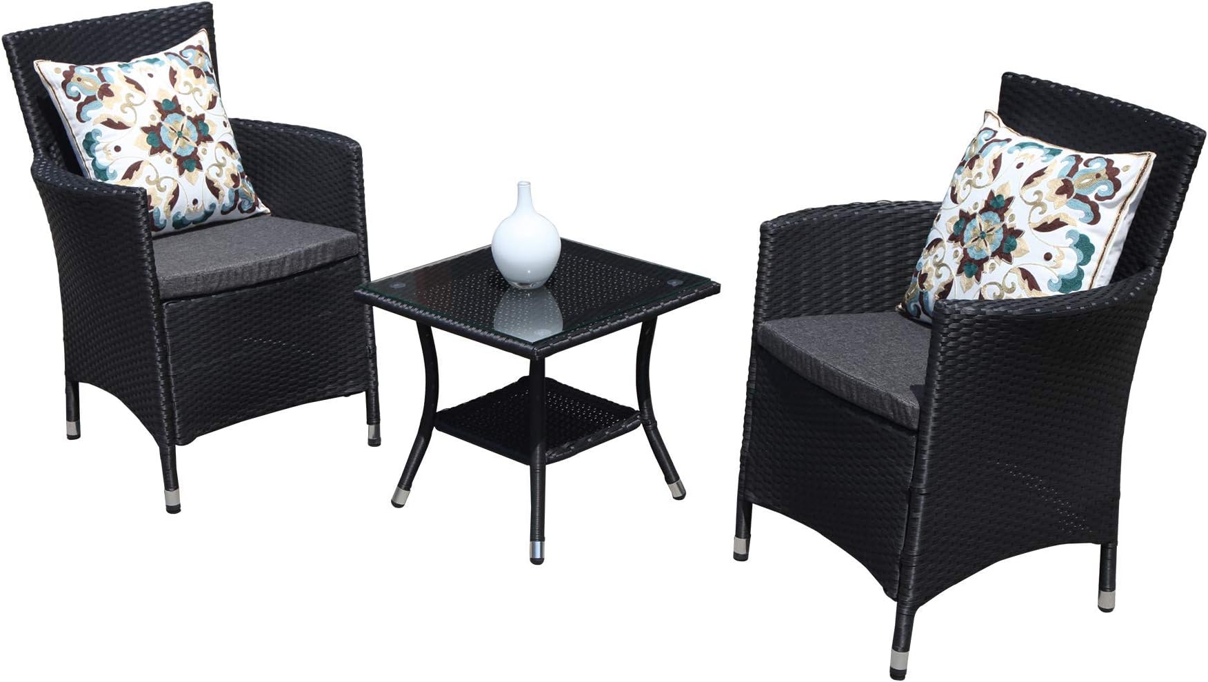 Patiorama 3PC Patio Outdoor Rattan Furniture Set Cushioned Garden Table and Chairs with Gray Cushions, Black PE Wicker