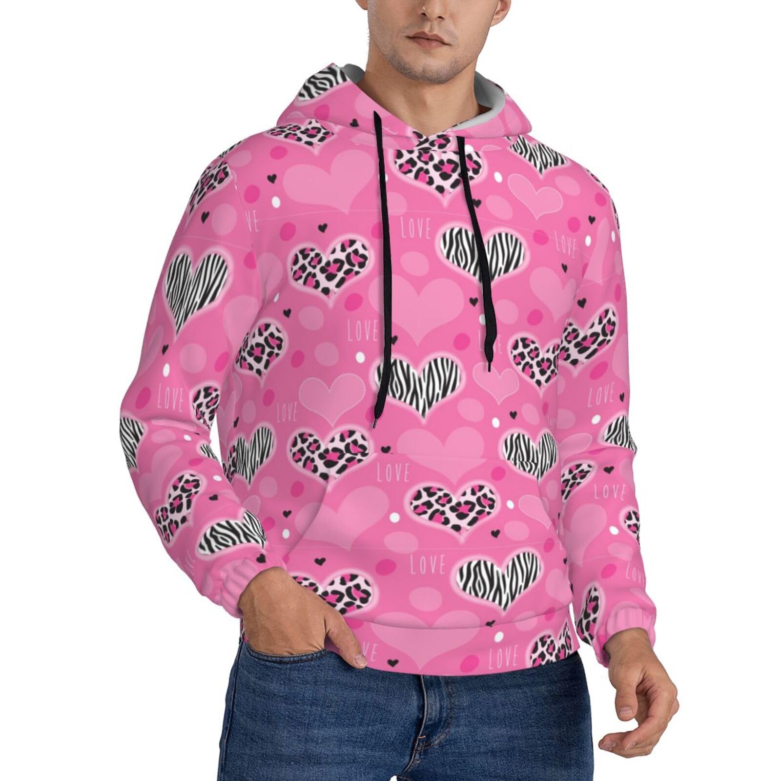 Froon Men's 3 D Graphic Hoodies Casual Pink Love Heart Print Hooded Sweatshirt Drawstring Pullover Hoodie For - With Kanga Pocket