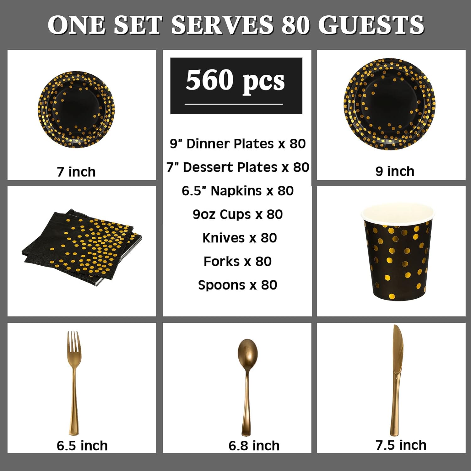 Sieral 560 Pcs Black and Gold Party Supplies for 80 Guests Golden Dot Tableware Kits Black Paper Plates Cups Napkins Gold Plastic Fork Knives Spoons for Birthday Retirement Graduation Party Decor