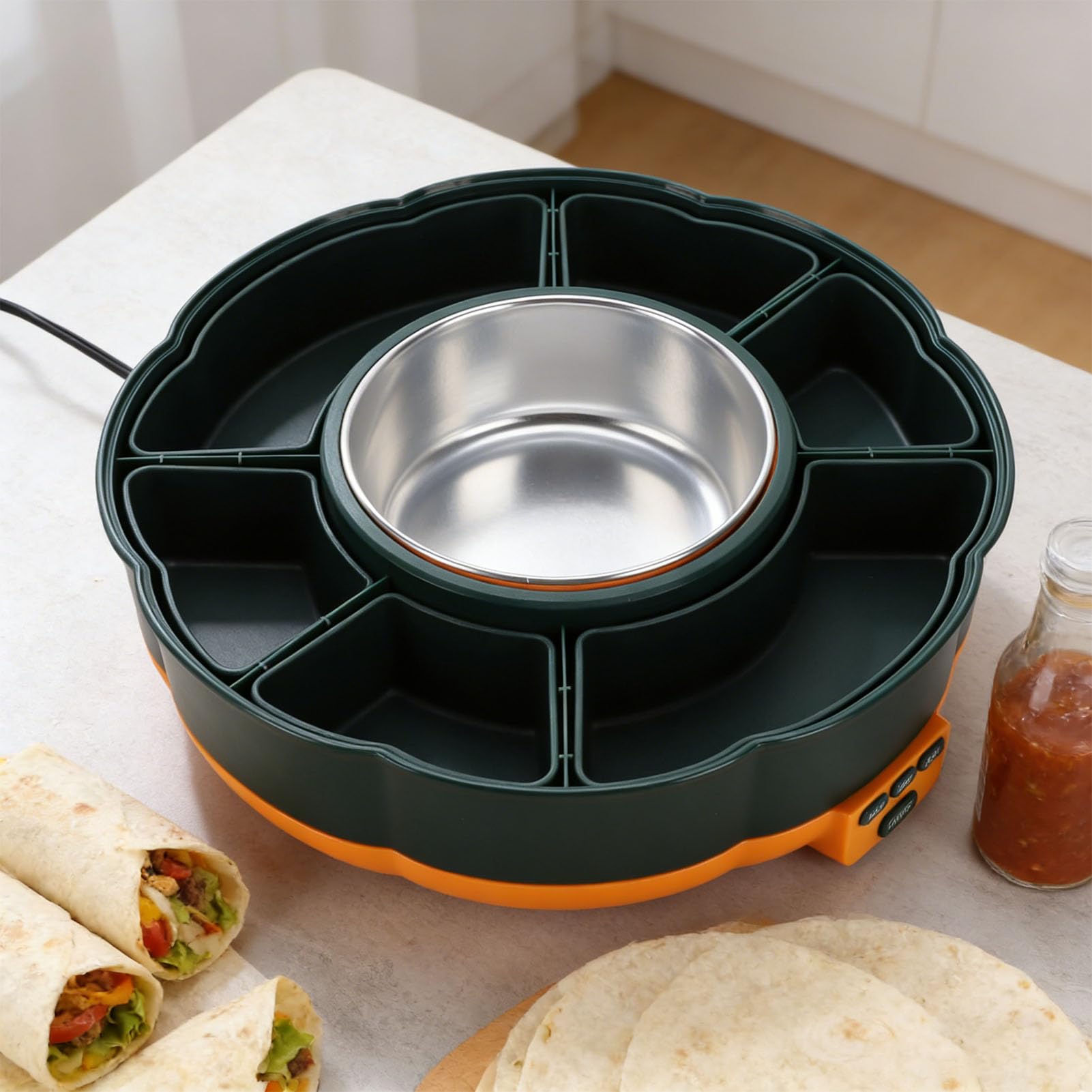 RIZGHWOY Juego de Ollas Eléctricas para Fondue de Chocolate con Bandejas para Servir Juego Giratorio para Servir Tacos con Control Preciso de Temperatura para Reuniones en el Hogar y (Enchufe
