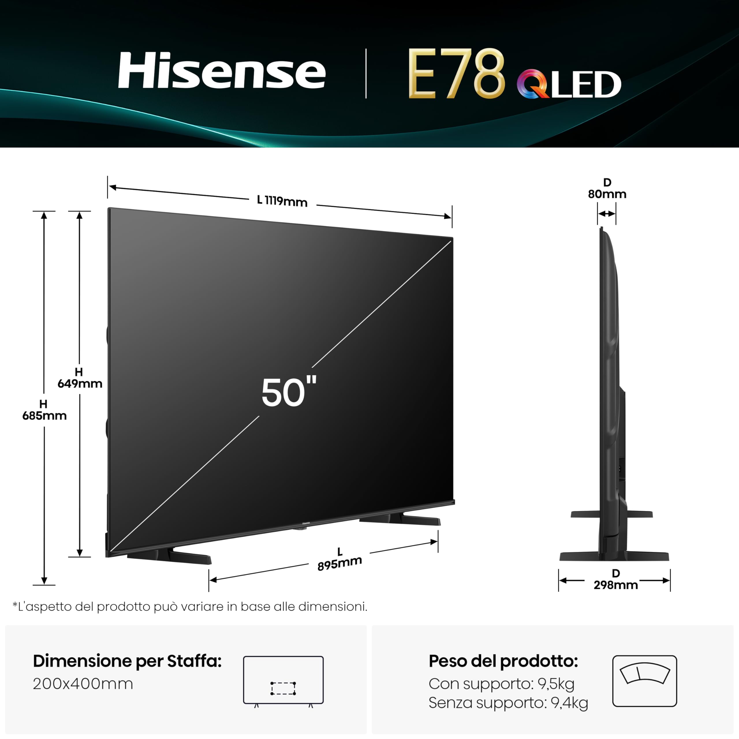 Hisense 50 Inch QLED 4K Smart TV 2025 - Dettaglio