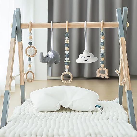 Wooden Baby Play Gym Foldable Gym Frame Activity Gym with 5 Hanging Toys | Baby Activity Center Gym Baby Gym Wood Play Gym Hanging Bar Natural Pine for Newborn Infant, Foldable Grey