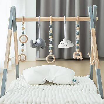 Wooden Baby Play Gym Foldable Gym Frame Activity Gym with 5 Hanging Toys | Baby Activity Center Gym Baby Gym Wood Play Gym Hanging Bar Natural Pine for Newborn Infant, Foldable Grey