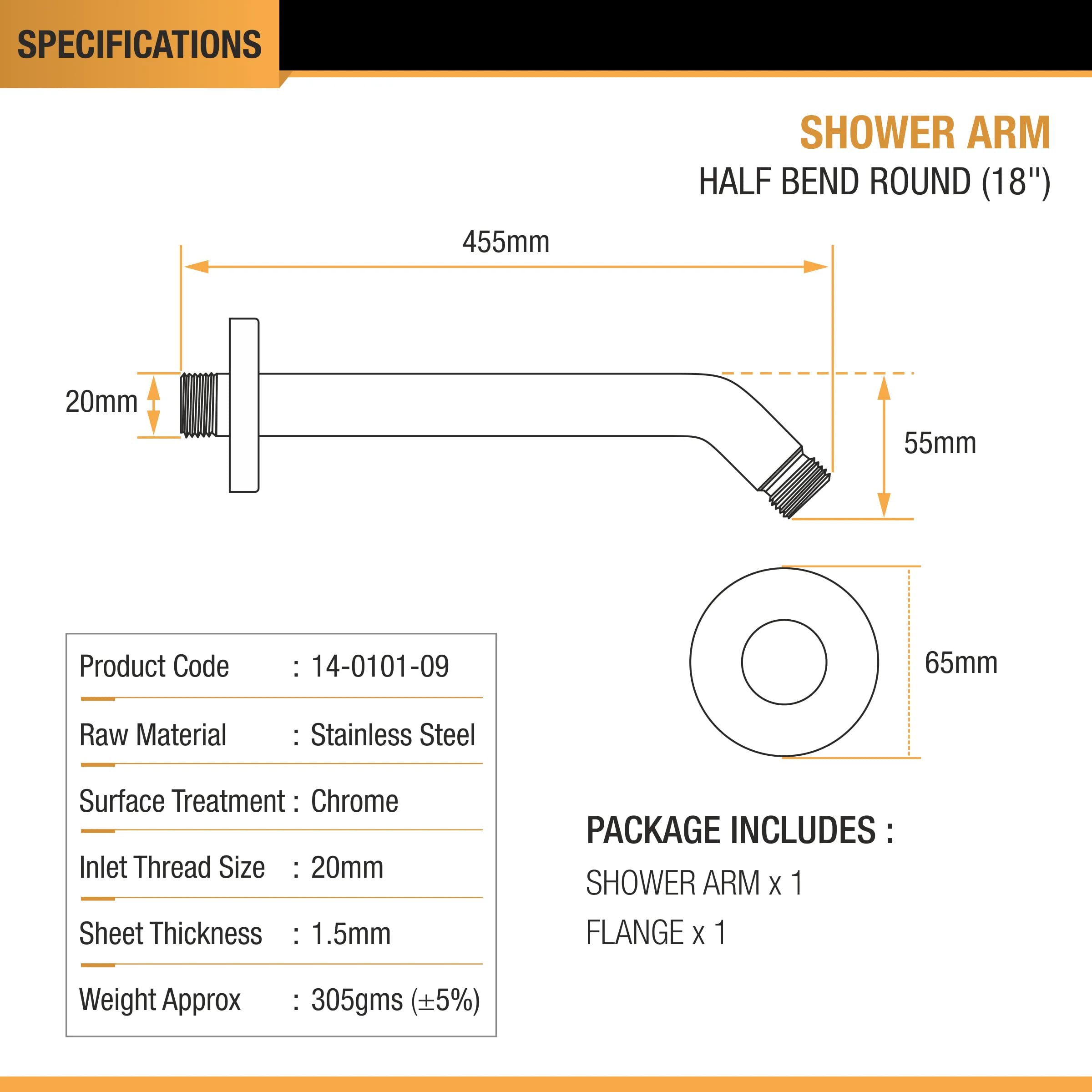 Ruhe® 18 inches Round Half Bend Shower Arm|18 inches Premium Stainless Steel Wall Mount Shower Holder| Showerhead Arm for Shower Area