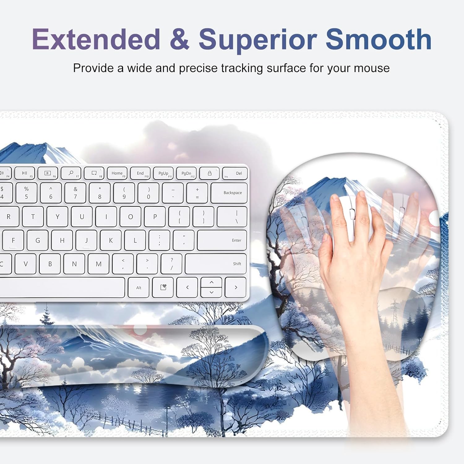 4 in 1 Large Mouse Pad, Keyboard Wrist Rest Set, Ergonomic Mouse Pad with Wrist Support, Desk Mat with Stitched Edges Extended Desk Pad Waterproof Desk Mat for Home Office Game I Snowy Mountain Sun