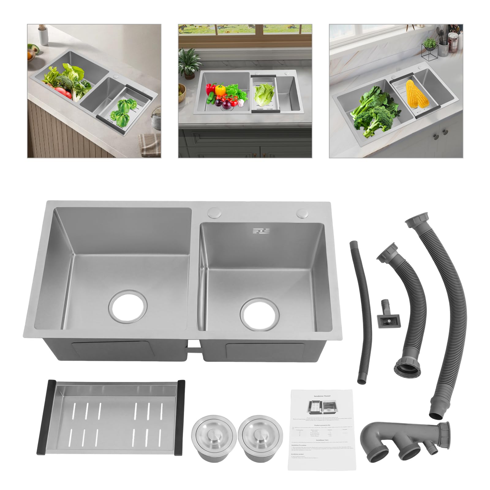 Lot d'évier encastrable en acier inoxydable - Double évier avec égouttoir - Évier en acier inoxydable - Pour cuisines, restaurants commerciaux, garages, buanderies, caves, bars - 78 x 43 x 21 cm