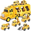 5 in 1 Construction Vehicles Toy for Boys Ages 3 4 5 Years and Up, Car Transporter Truck with 4 Small Cars, Friction Crane, Mixer, Buldozer, Excavator, Gift for 2 3 Year Old Children