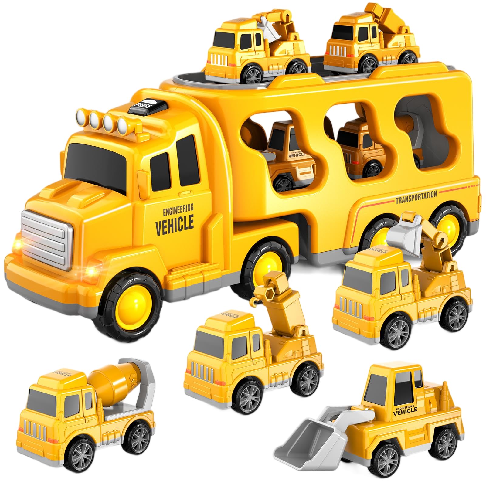 5 in 1 Construction Vehicles Toy for Boys Ages 3 4 5 Years and Up, Car Transporter Truck with 4 Small Cars, Friction Crane