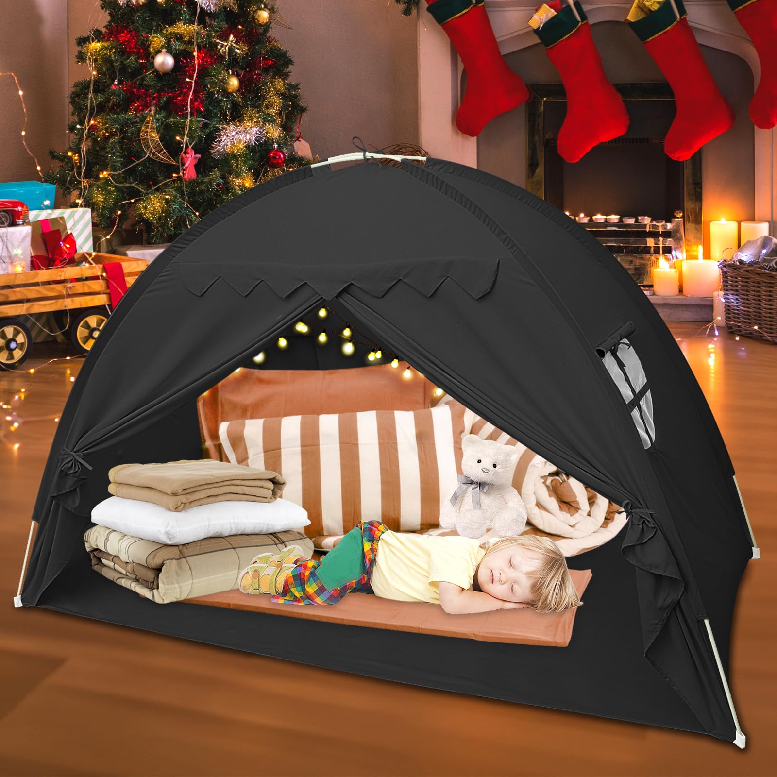Kinder Bettzelt 196x98x125cm Kinderzelt mit Fenstern Bett Baldachin Zelt Vielseitig Robust Groß Spielzelt Kinder für Bett Schlafzimmer Kinderzimmer Drinnen Draußen (schwarz)