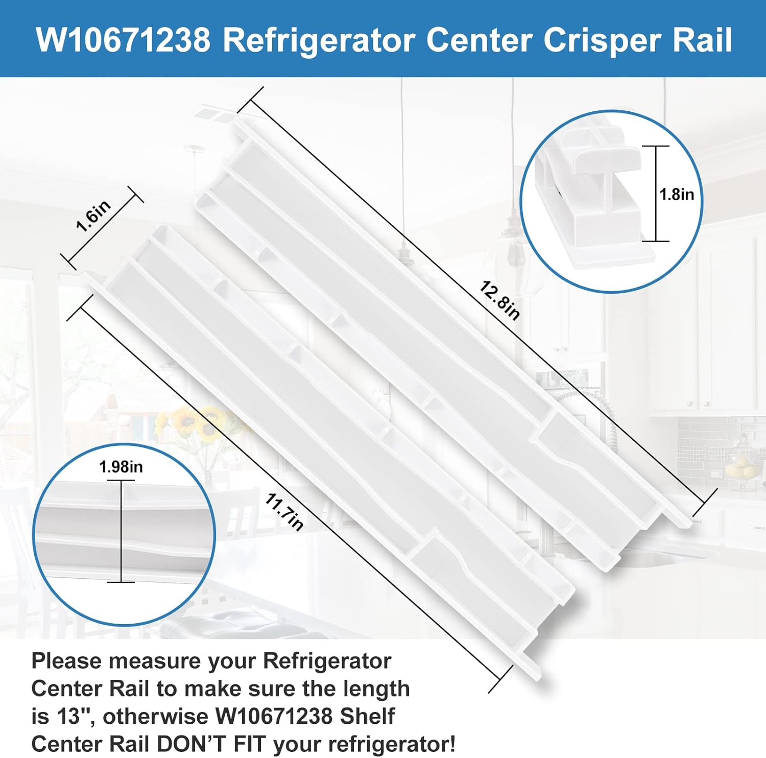 Diagram showing dimensions of the crisper drawer center rail